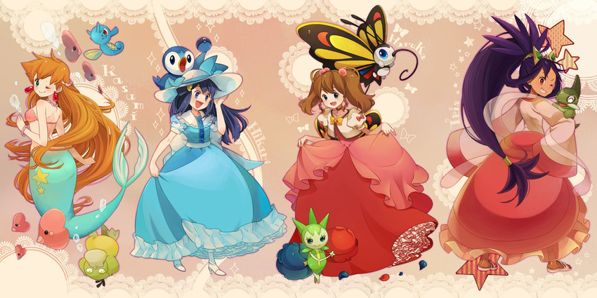 dawn, may, misty, piplup, iris, and 7 more (pokemon and 3 more) drawn by sasairebun