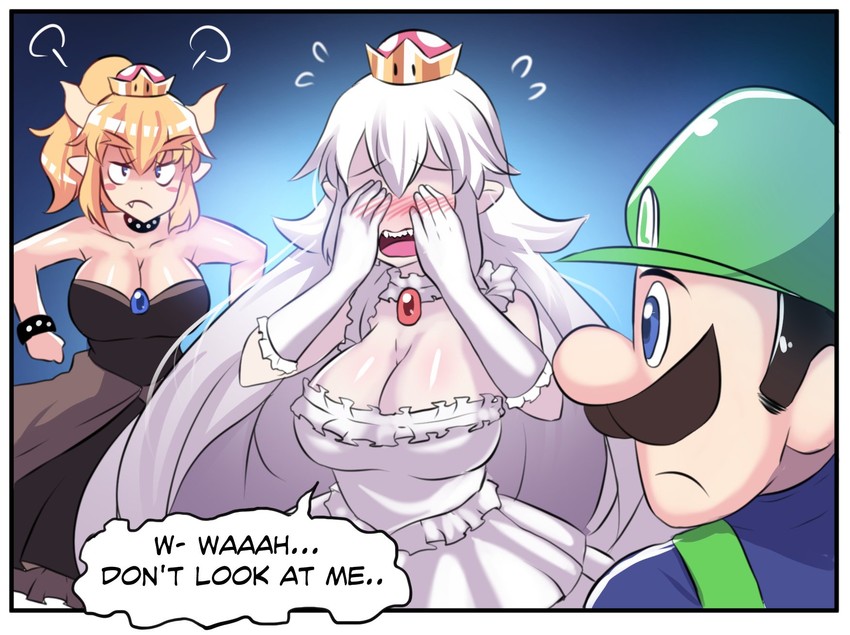 bowsette, luigi, and princess king boo (mario and 2 more) drawn by hinghoi