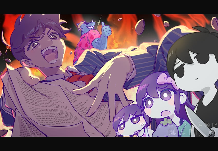 omori, aubrey, kel, hero, bossman hero, and 1 more (omori) drawn by tendoshi