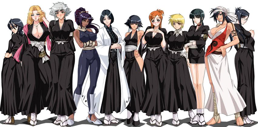 kuchiki rukia, shihouin yoruichi, inoue orihime, matsumoto rangiku, sui-feng, and 6 more (bleach) drawn by kagami_hirotaka