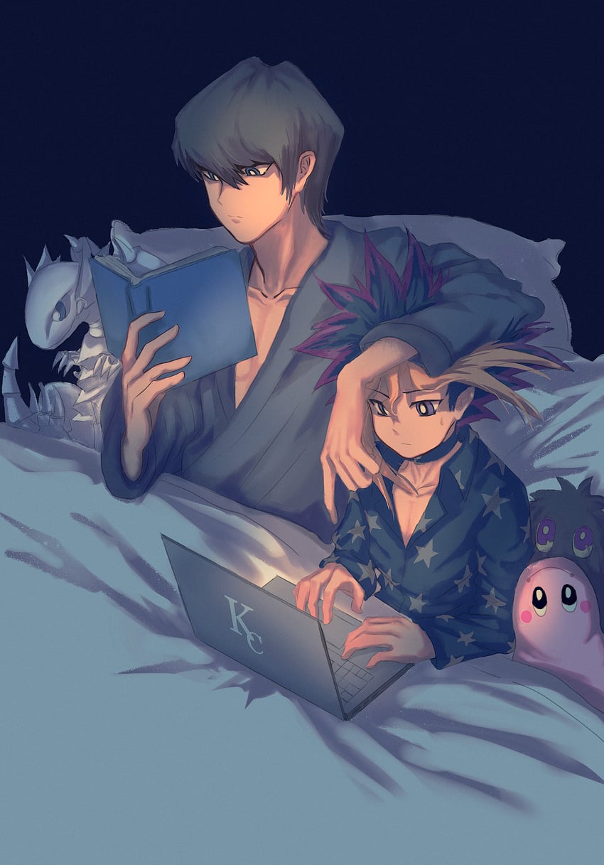 muto yugi, kaiba seto, kuriboh, blue-eyes white dragon, marshmallon, and 1 more (yu-gi-oh! and 1 more) drawn by spot_dian