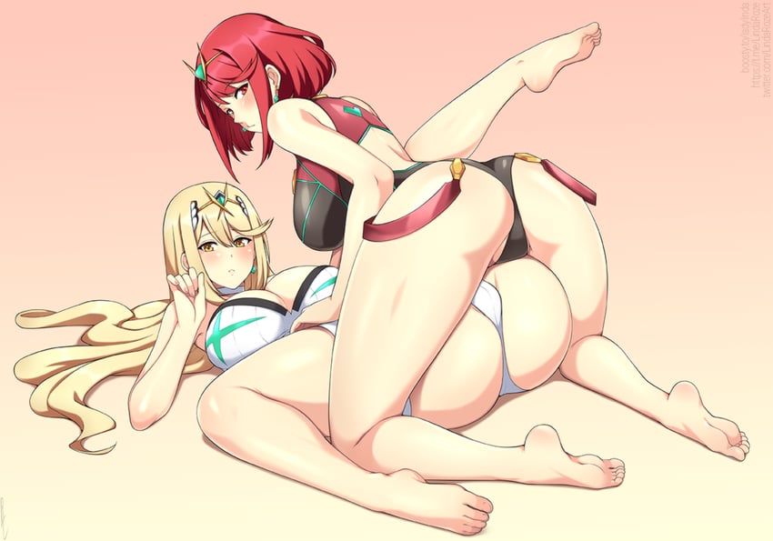 pyra and mythra (xenoblade chronicles and 1 more) drawn by lindaroze
