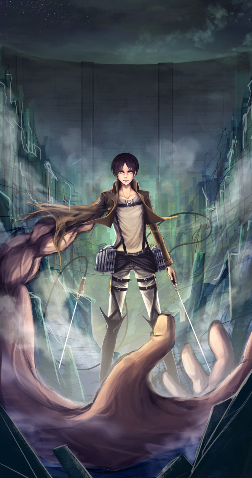 eren yeager, titan, and rogue titan (shingeki no kyojin) drawn by orenjirei