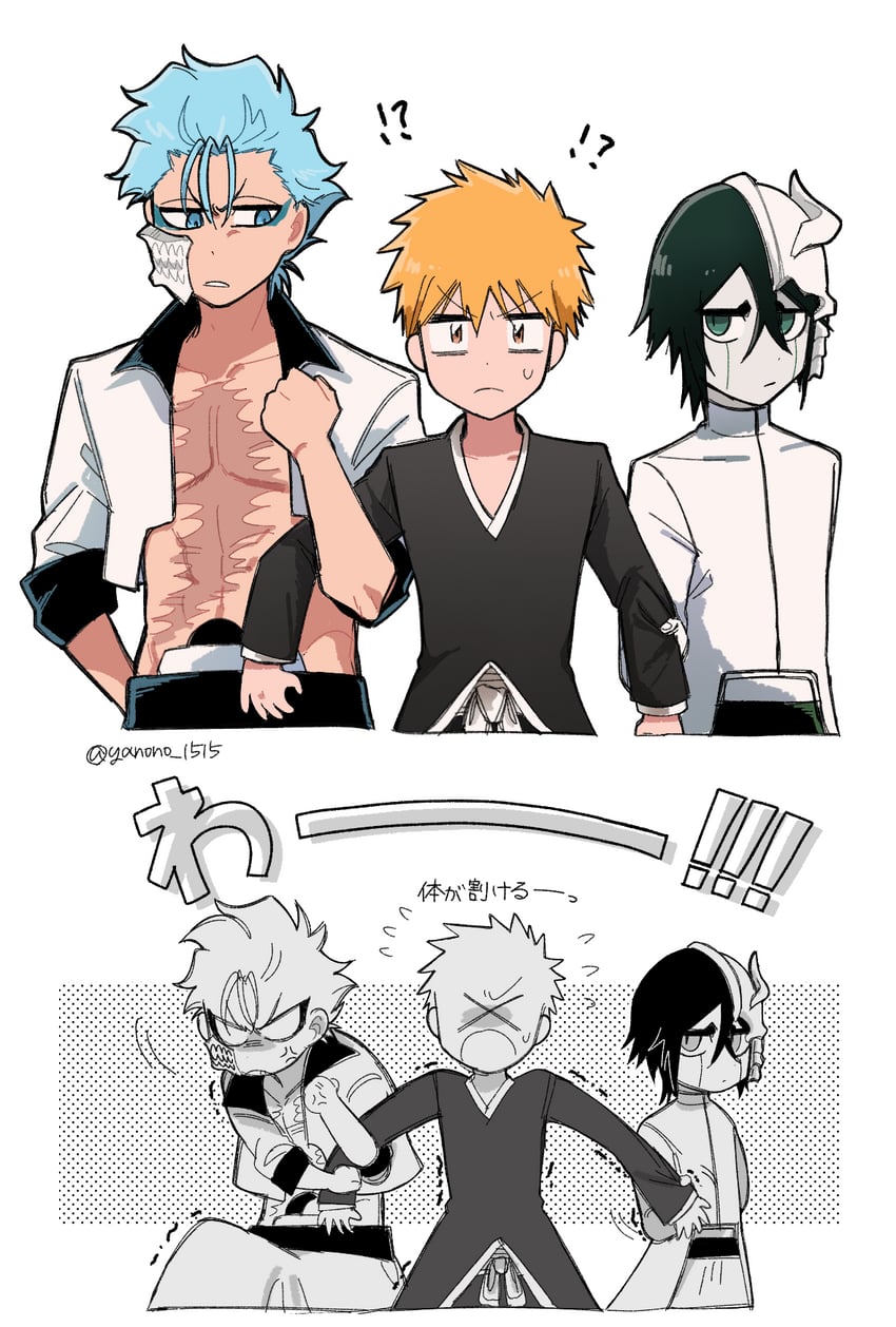 kurosaki ichigo, grimmjow jaegerjaquez, and ulquiorra cifer (bleach) drawn by yanono_015
