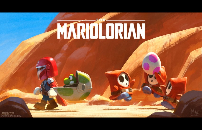 mario, yoshi, shy guy, grogu, and din djarin (mario and 2 more) drawn by mauricio_abril