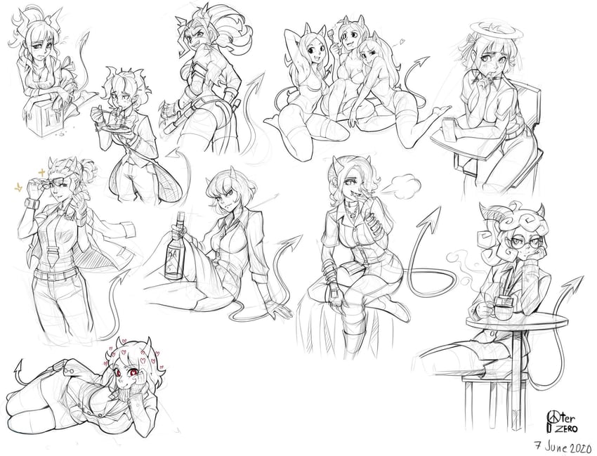 lucifer, modeus, justice, cerberus, judgement, and 5 more (helltaker) drawn by peaceterzero