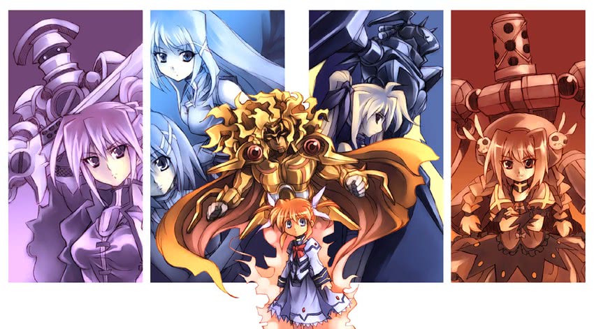 fate testarossa, takamachi nanoha, yagami hayate, raising heart, bardiche, and 5 more (jojo no kimyou na bouken and 3 more) drawn by kouno_hikaru