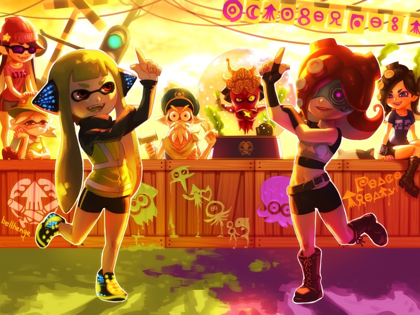 inkling player character, inkling girl, callie, marie, agent 3, and 4 more (splatoon and 1 more) drawn by bellhenge