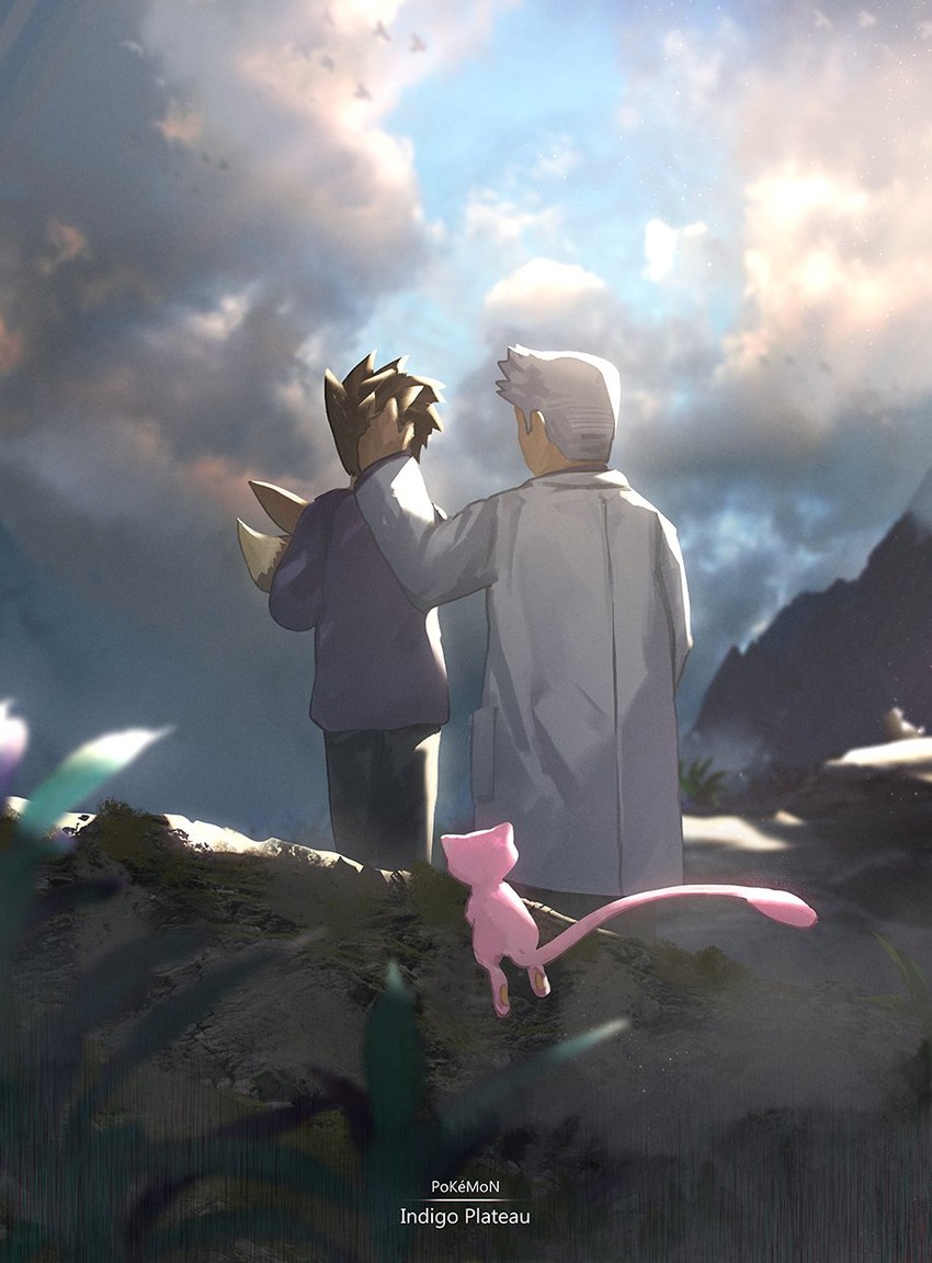 eevee, blue oak, mew, and professor oak (pokemon and 1 more) drawn by otsumami_(bu-bu-heaven)