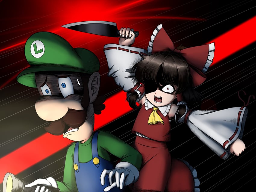 hakurei reimu and luigi (touhou and 2 more) drawn by giantcavemushroom