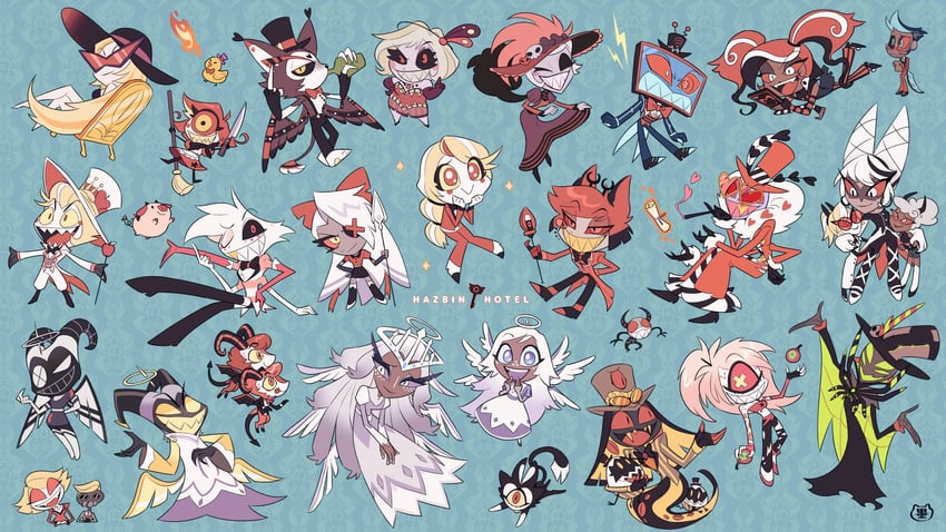 lucifer morningstar, charlie morningstar, alastor, lilith, valentino, and 25 more (hazbin hotel) drawn by sumi_wo_hakuneko