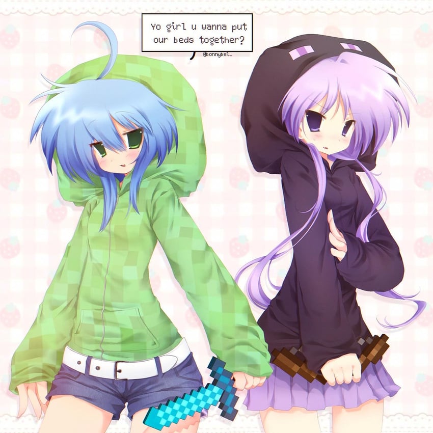 hiiragi kagami, izumi konata, creeper, and enderman (lucky star and 1 more) drawn by jelly_(bonnybel)