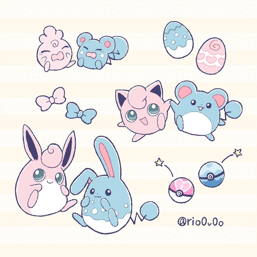jigglypuff, marill, azumarill, wigglytuff, igglybuff, and 1 more (pokemon) drawn by rio_(rio0v0o)