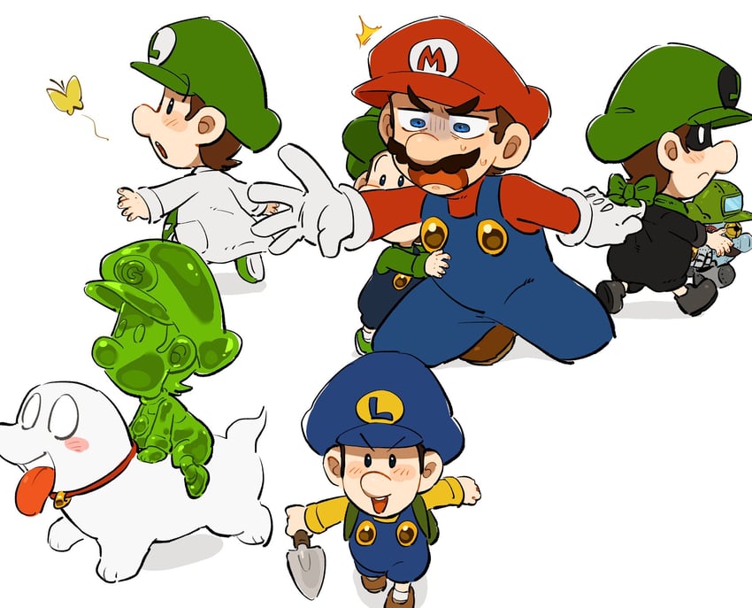 mario, luigi, mr. l, polterpup, baby luigi, and 2 more (mario and 5 more) drawn by mimimi_(mimimim9999)