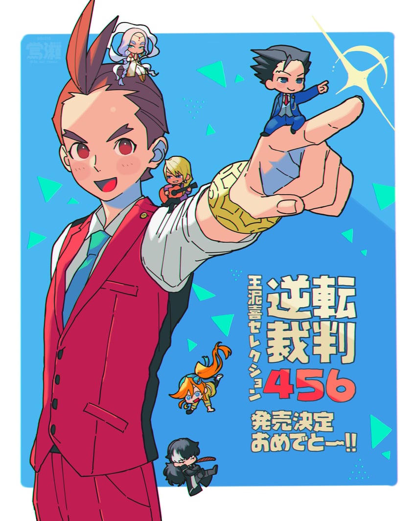 phoenix wright, apollo justice, athena cykes, klavier gavin, simon blackquill, and 1 more (ace attorney and 1 more) drawn by ouse_(otussger)