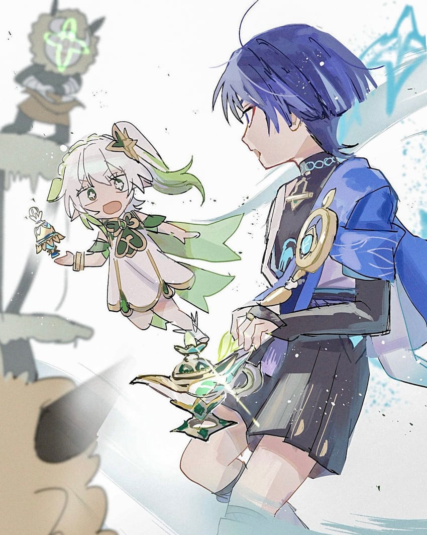 scaramouche, nahida, wanderer, and hilichurl (genshin impact) drawn by tokodenashi