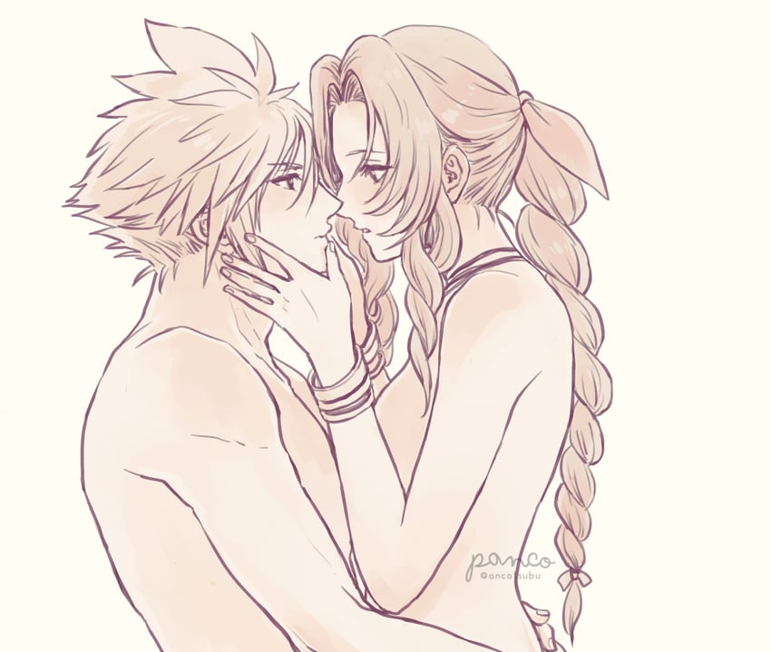 cloud strife and aerith gainsborough (final fantasy and 2 more) drawn by ancotsubu
