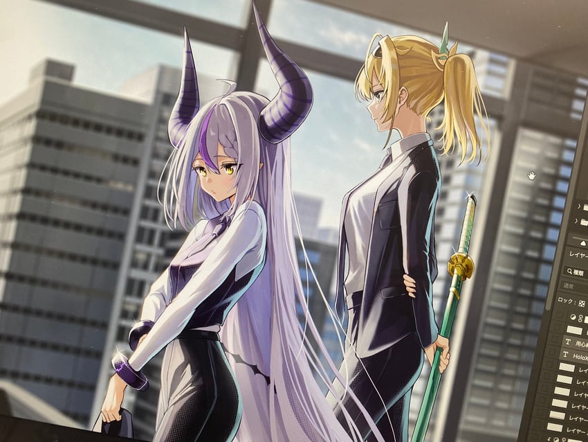 la+ darknesss and kazama iroha (hololive) drawn by hz_(helu_2)