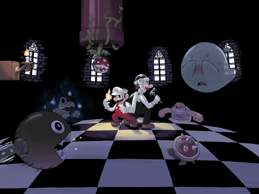 mario, luigi, boo, piranha plant, chain chomp, and 4 more (mario and 1 more) drawn by scribblehatch