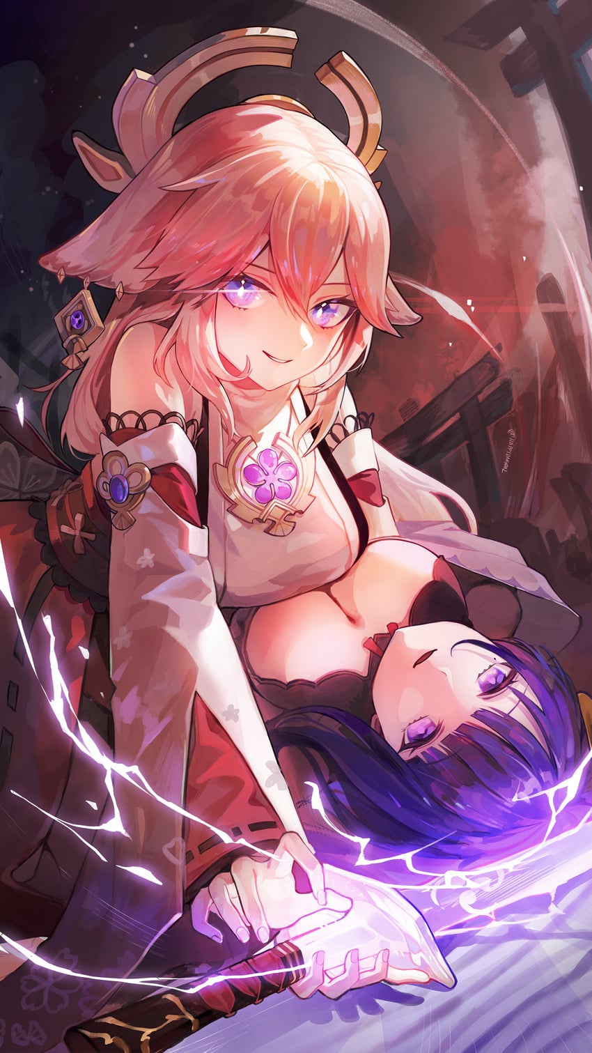 raiden shogun and yae miko (genshin impact) drawn by happyongdal