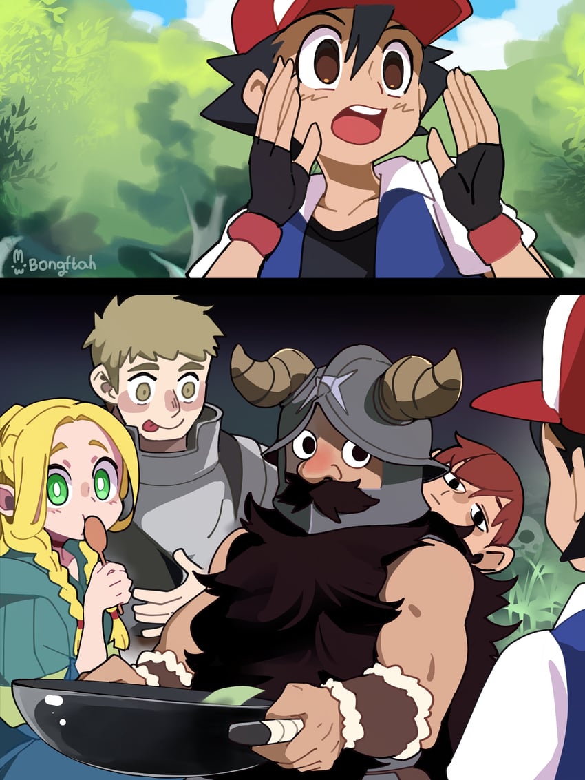 ash ketchum, marcille donato, laios touden, senshi, and chilchuck tims (pokemon and 1 more) drawn by bongfill
