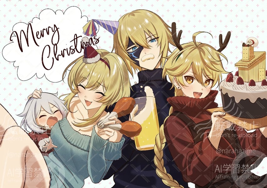 lumine, aether, paimon, santa claus, and dainsleif (genshin impact) drawn by narahazime