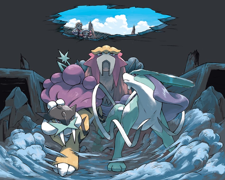 lyra, suicune, raikou, entei, and eusine (pokemon and 1 more) drawn by toyama_kenkichi