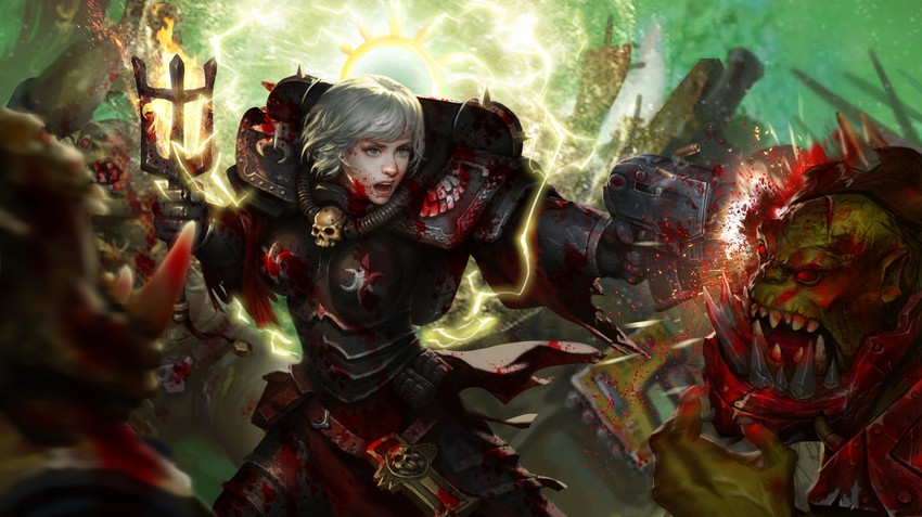 adepta sororitas and ork (warhammer 40k) drawn by yangzheyy