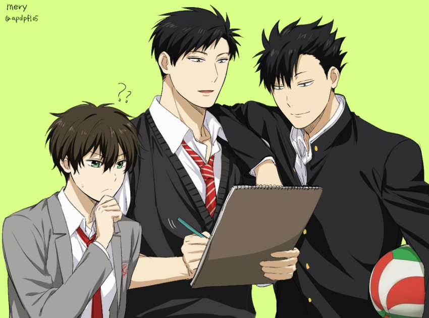 oreki houtarou, kuroo tetsurou, nozaki umetarou, and nakamura yuuichi (haikyuu!! and 2 more) drawn by mery_(yangmalgage)
