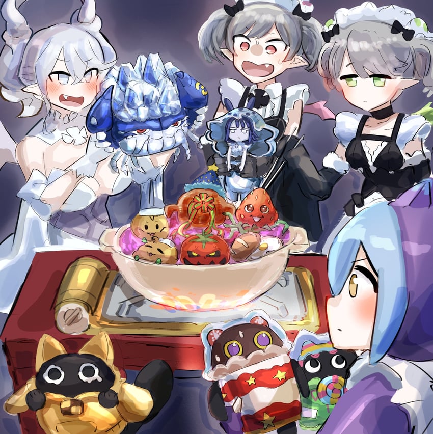 lovely labrynth of the silver castle, laundry dragonmaid, arianna the labrynth servant, arianne the labrynth servant, cupsie yummy, and 5 more (yu-gi-oh! and 1 more) drawn by hatano_kiyoshi