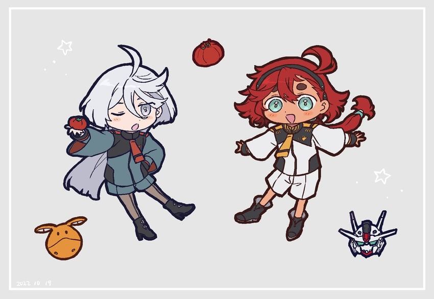 suletta mercury, miorine rembran, haro, and gundam aerial (gundam and 1 more) drawn by takatisakana