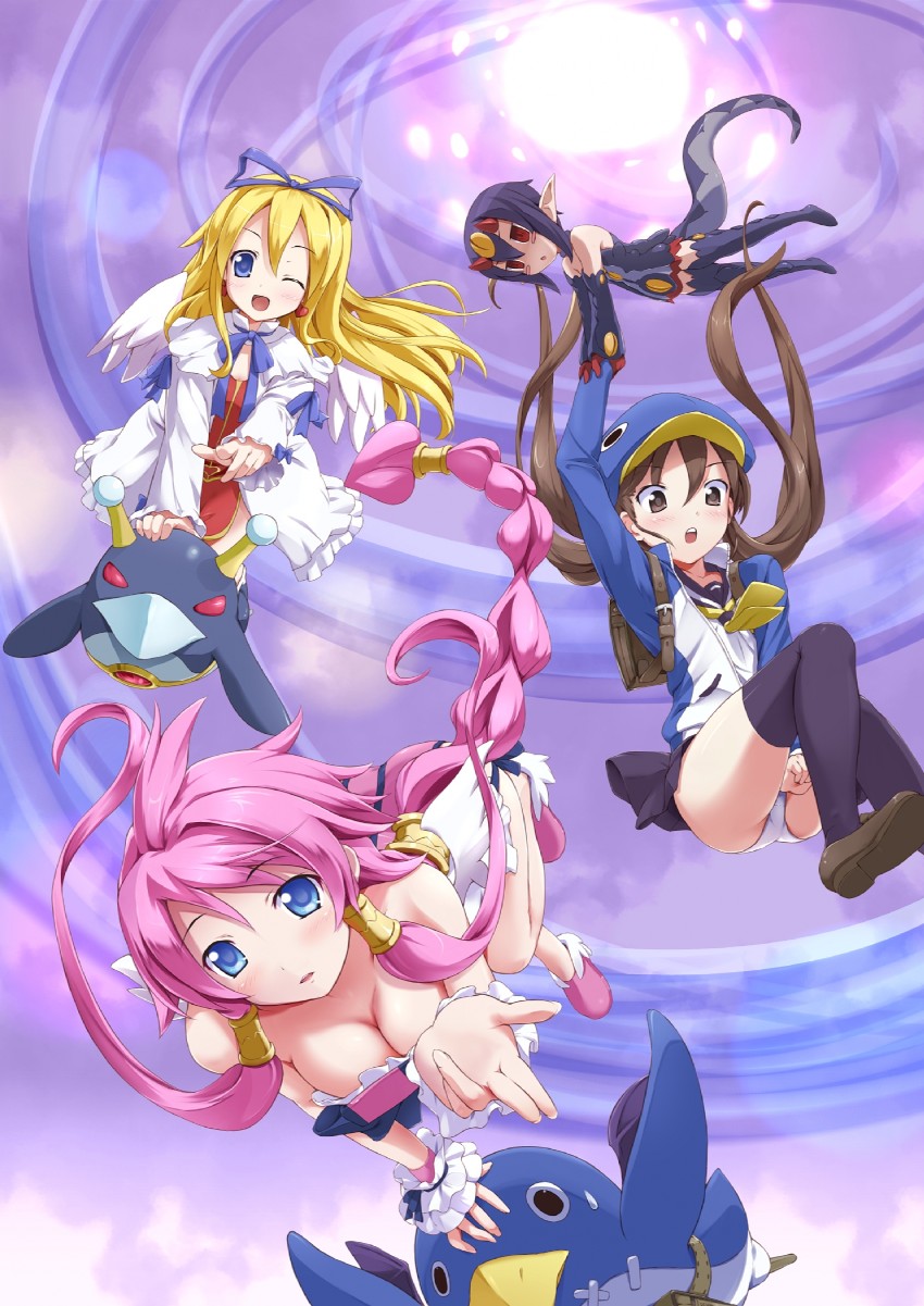 prinny, flonne, kazamatsuri fuuka, vulcanus, and desco (disgaea and 1 more) drawn by utamaru_(konomix)