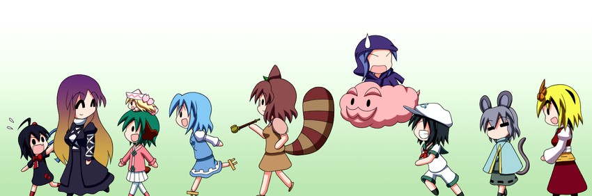 tatara kogasa, nazrin, hijiri byakuren, houjuu nue, toramaru shou, and 6 more (touhou) drawn by rakugaki-biyori