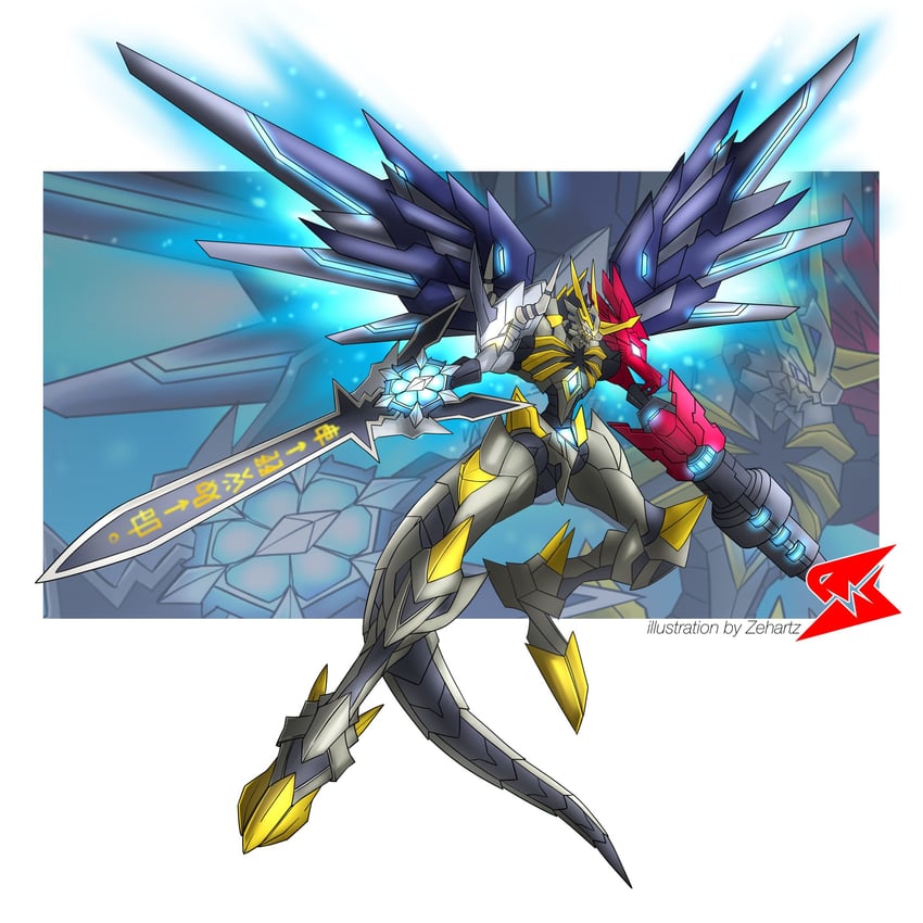 omegamon, chaosgreymon, and metalgarurumon (original and 1 more) drawn by zehartz