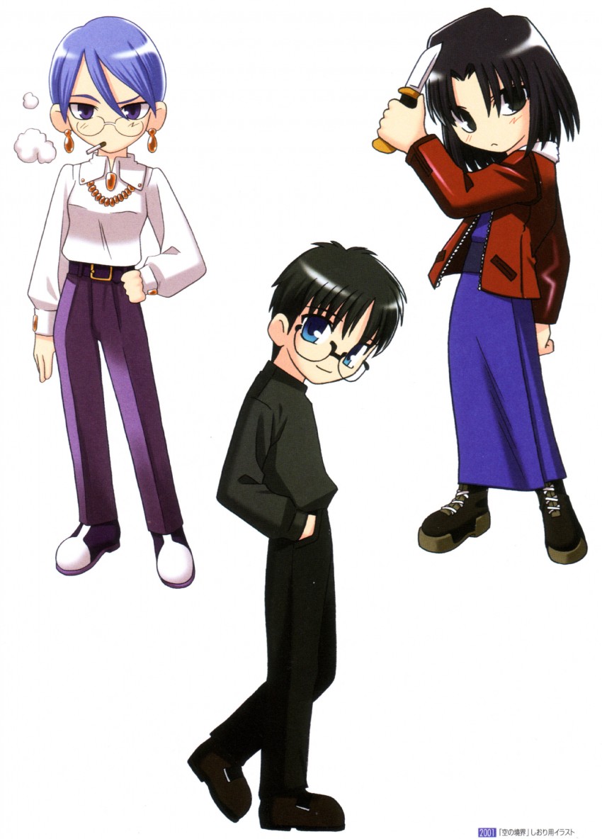 ryougi shiki, aozaki touko, and kokutou mikiya (kara no kyoukai) drawn by takeuchi_takashi
