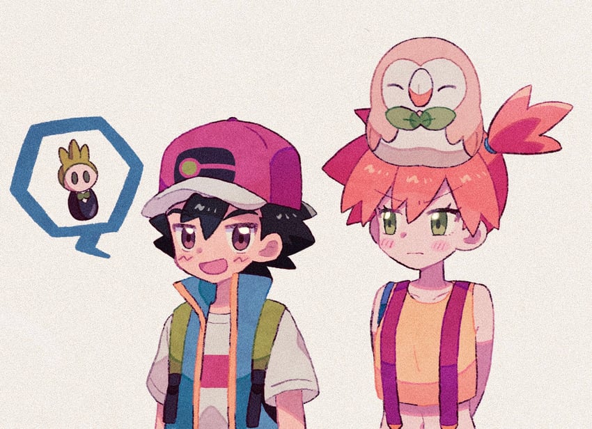 ash ketchum, misty, rowlet, and cilan (pokemon and 1 more) drawn by mgomurainu