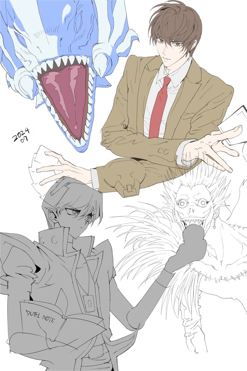 kaiba seto, yagami light, blue-eyes white dragon, and ryuk (yu-gi-oh! and 2 more) drawn by kinbakuoujii