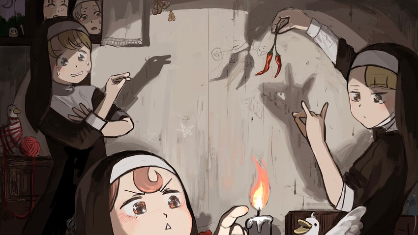 clumsy nun, froggy nun, spicy nun, smug nun, and freckles nun (little nuns) drawn by diva_(hyxpk)