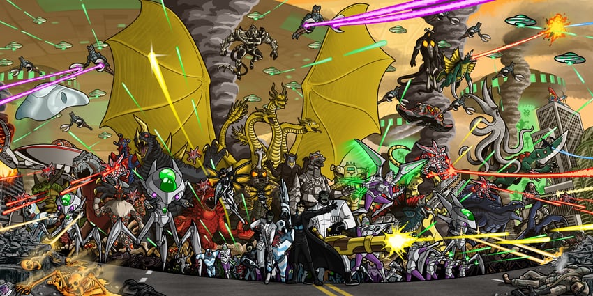 king ghidorah, zetton, mechagodzilla, mephilas seijin, baltan seijin, and 21 more (ultra series and 26 more) drawn by janusjan