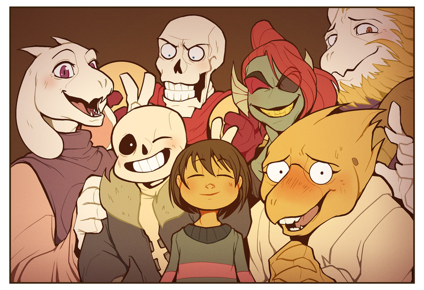 frisk, sans, papyrus, undyne, toriel, and 2 more (undertale) drawn by palidoozy-art
