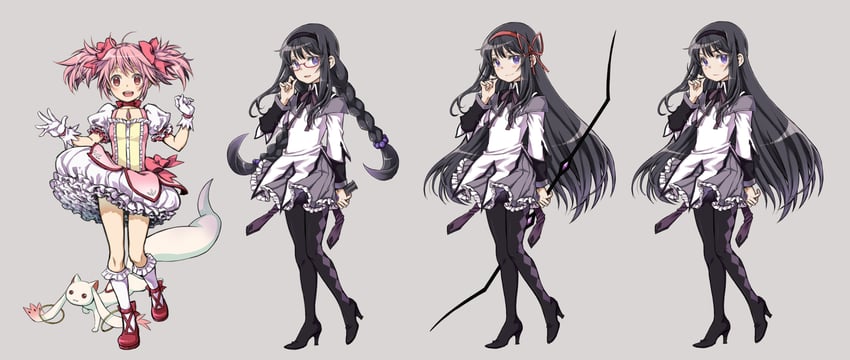 akemi homura, kaname madoka, and kyubey (mahou shoujo madoka magica) drawn by mori_obi