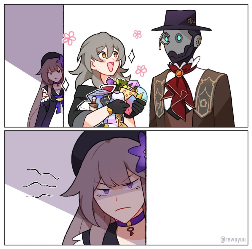 trailblazer, stelle, herta, and screwllum (honkai and 1 more) drawn by rewuyuu