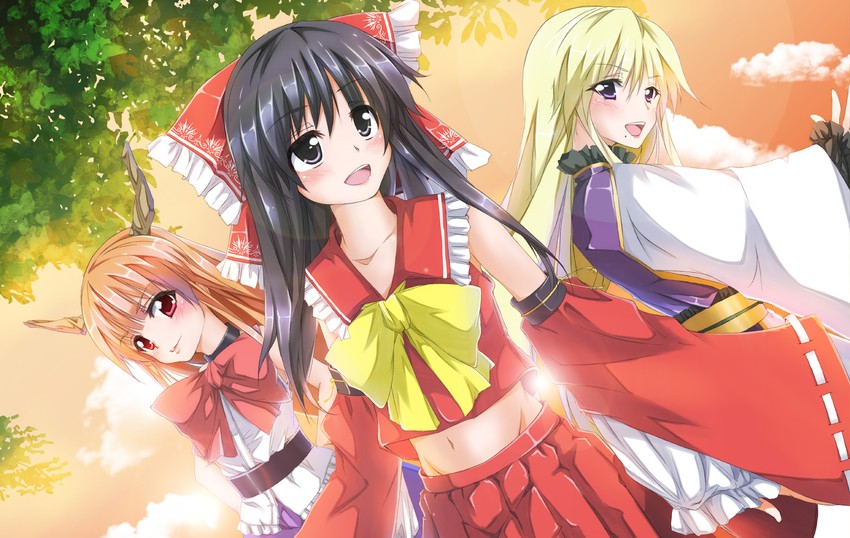 hakurei reimu, yakumo yukari, and ibuki suika (touhou) drawn by butayaro