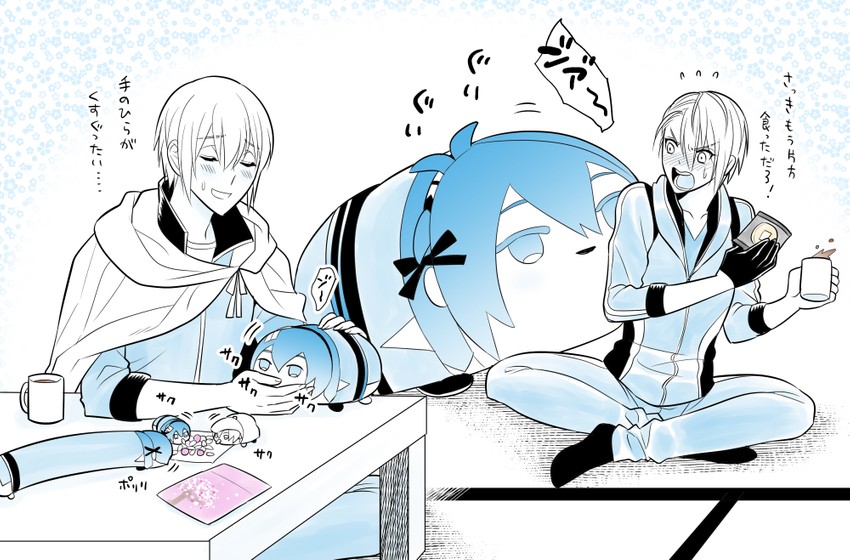 mikazuki munechika, yamanbagiri kunihiro, and yamanbagiri chougi (touken ranbu) drawn by hato_niku