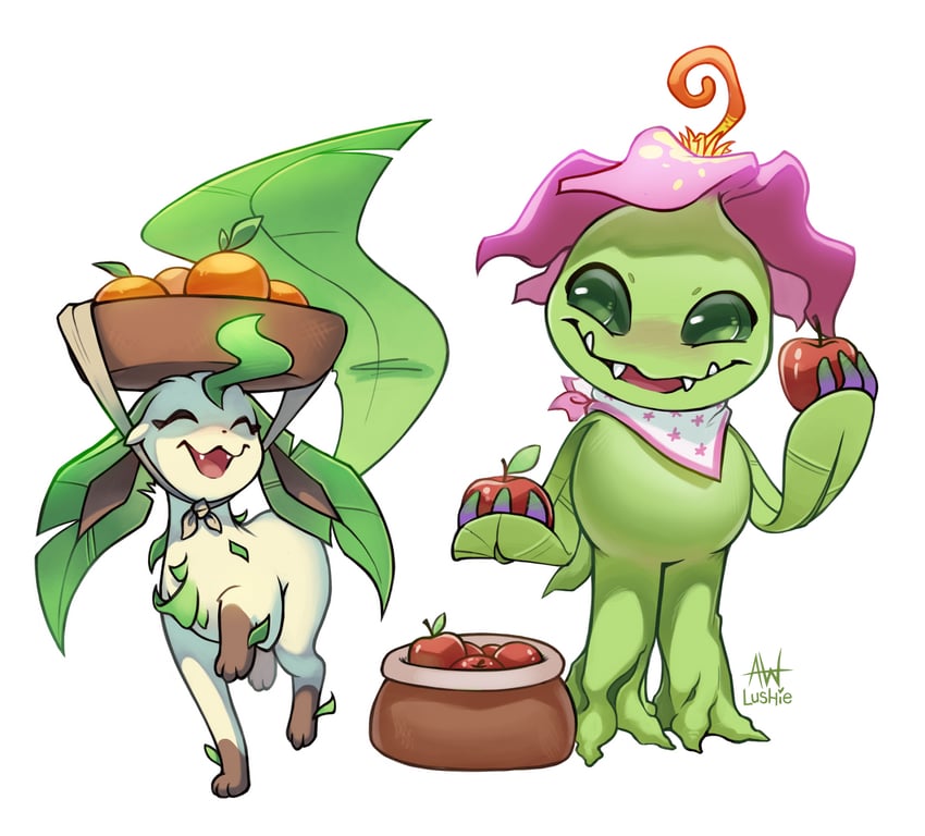leafeon and palmon (pokemon and 1 more) drawn by lushiesart