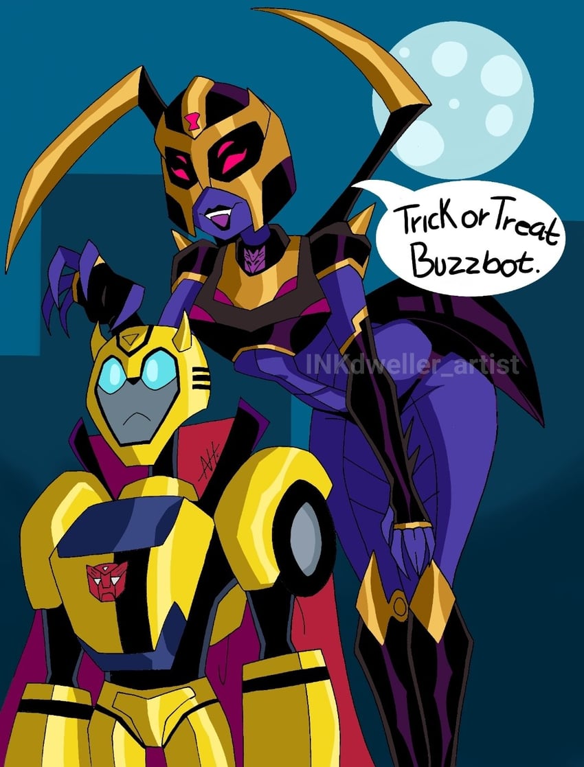 bumblebee and blackarachnia (transformers and 1 more) drawn by ink_soup321