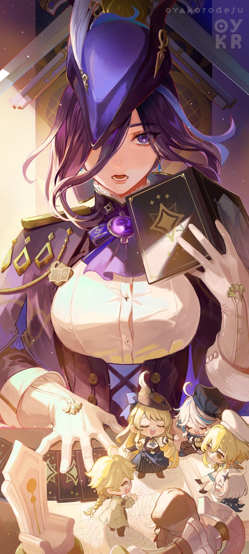lumine, aether, furina, paimon, clorinde, and 2 more (genshin impact) drawn by oyakorodesu