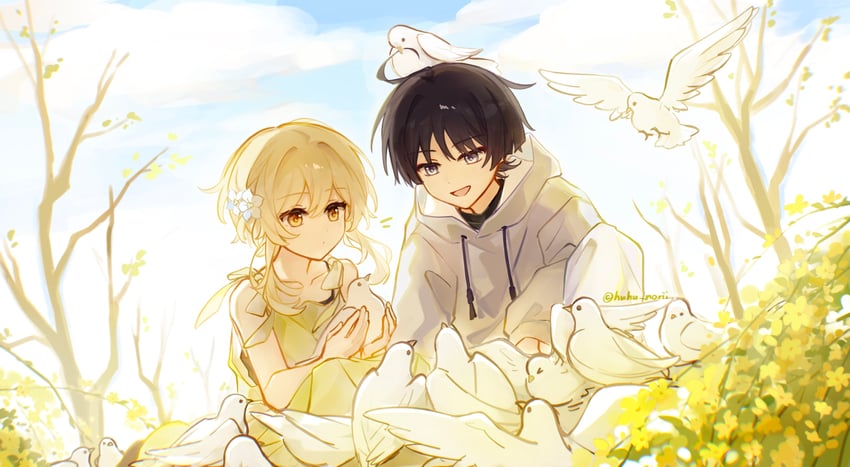 lumine and scaramouche (genshin impact) drawn by huhu_norii