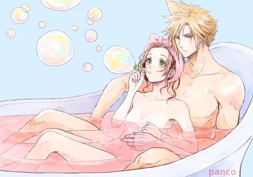 cloud strife and aerith gainsborough (final fantasy and 2 more) drawn by ancotsubu