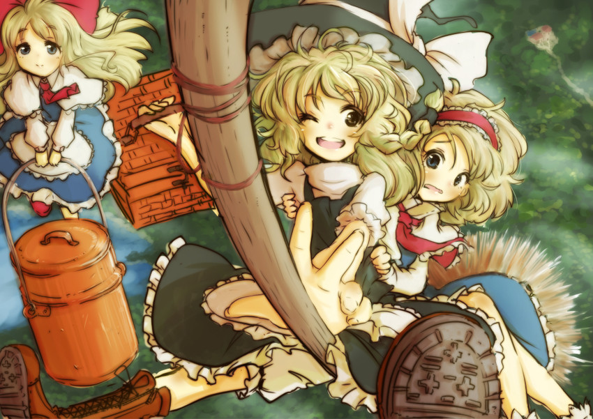 kirisame marisa, alice margatroid, and shanghai doll (touhou) drawn by tikano